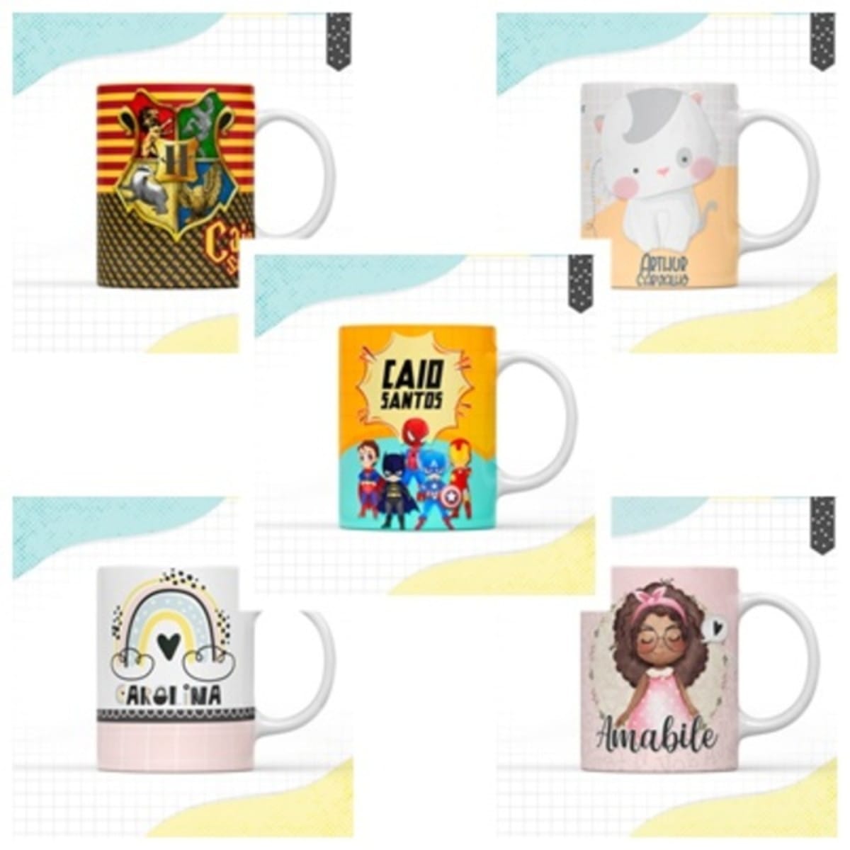 Pack Canecas Volta as Aulas Arquivo Digital 5 Designs 2 Cinco canecas estampadas com temas infantis e personalizados dispostas em grade sobre fundo quadriculado.