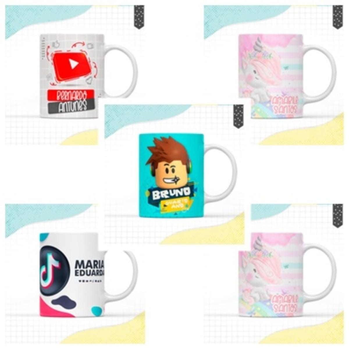 Pack Canecas Volta as Aulas Arquivo Digital 5 Designs 3 Coleção de cinco canecas estampadas com diferentes temas coloridos e divertidos.