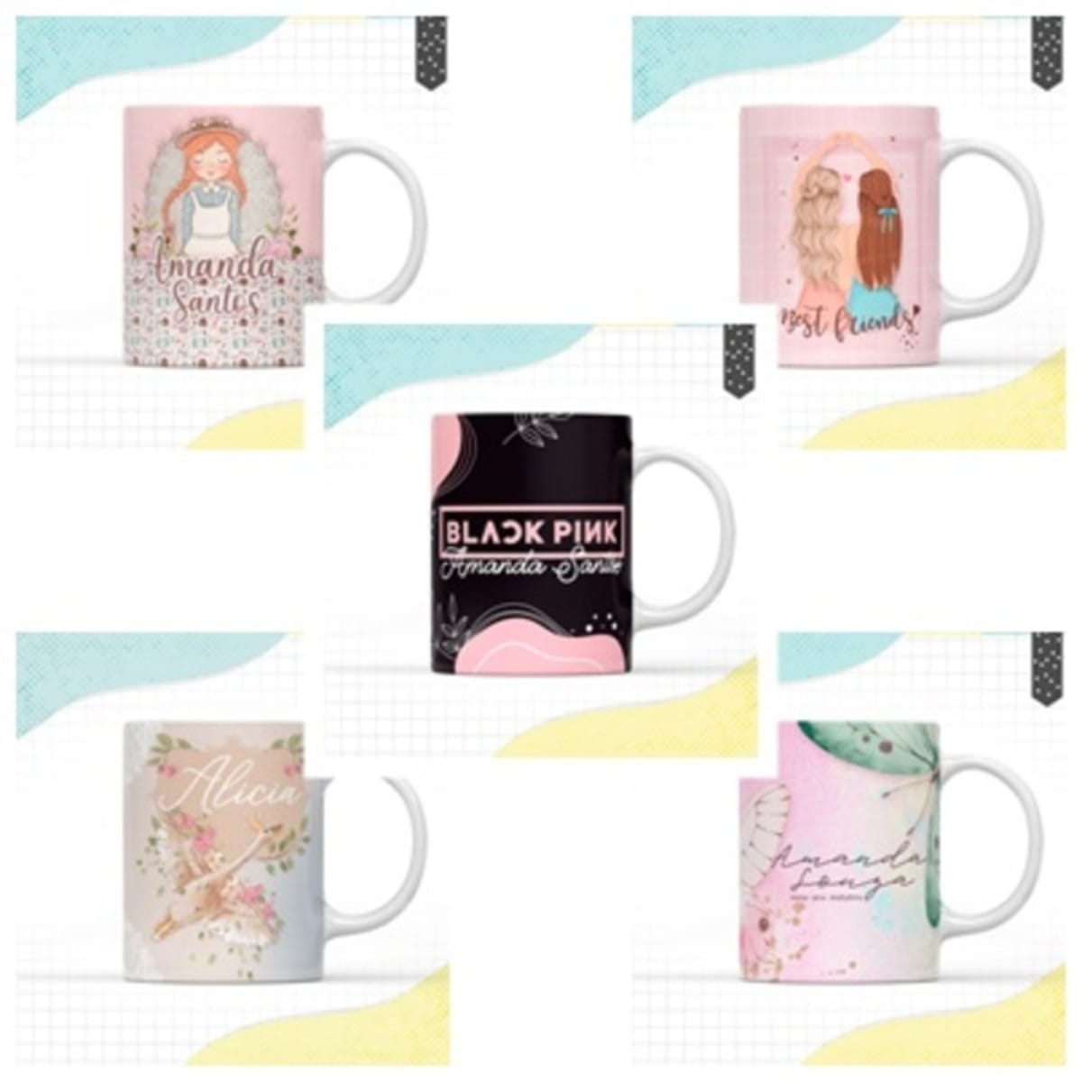 Pack Canecas Volta as Aulas Arquivo Digital 5 Designs 4 Cinco canecas estampadas com designs variados, dispostas sobre um fundo quadriculado com detalhes coloridos.