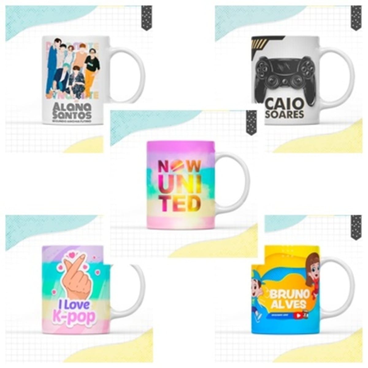Pack Canecas Volta as Aulas Arquivo Digital 5 Designs 1 Cinco canecas brancas com estampas variadas exibidas sobre um fundo quadriculado.
