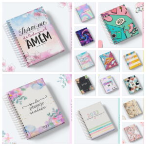Arte digital de diversas agendas e planners com capas variadas e coloridas.