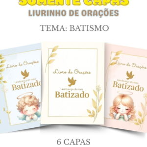 Arte digital com capas de livrinho de orações com tema de batismo.