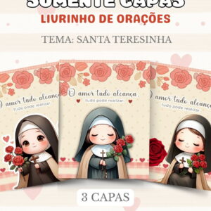 Arte digital de três capas de livrinhos com ilustrações de freiras e rosas