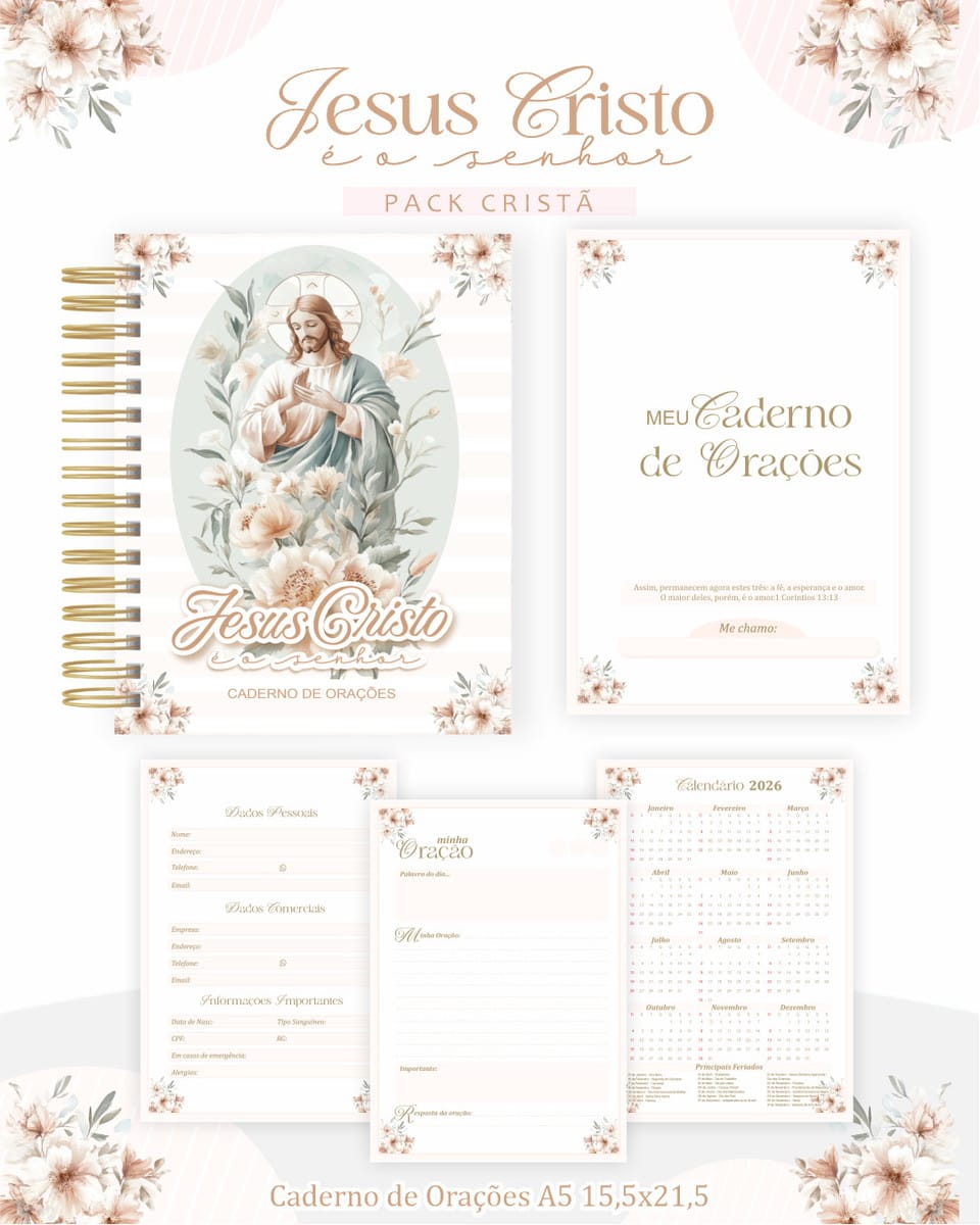 Pack Cristão Digital Jesus Cristo é o Senhor Completo 2 Apresentação de páginas de caderno e fichas com ilustrações florais e religiosas em tons pastéis.