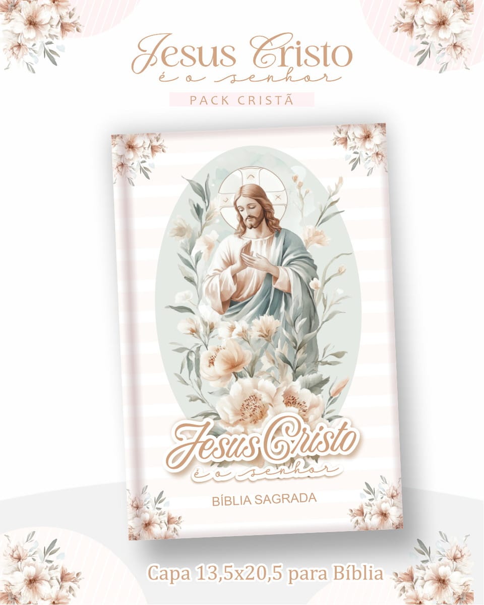 Pack Cristão Digital Jesus Cristo é o Senhor Completo 3 Capa de livro religiosa com ilustração de figura humana e flores em tons pastéis