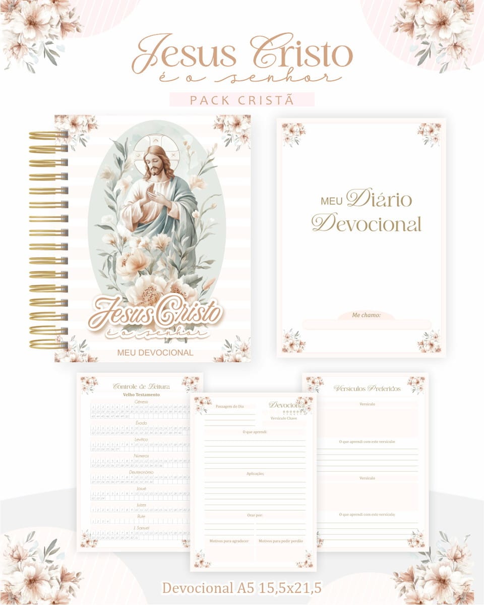Pack Cristão Digital Jesus Cristo é o Senhor Completo 4 Caderno devocional e folhas impressas com arte floral e figura religiosa.