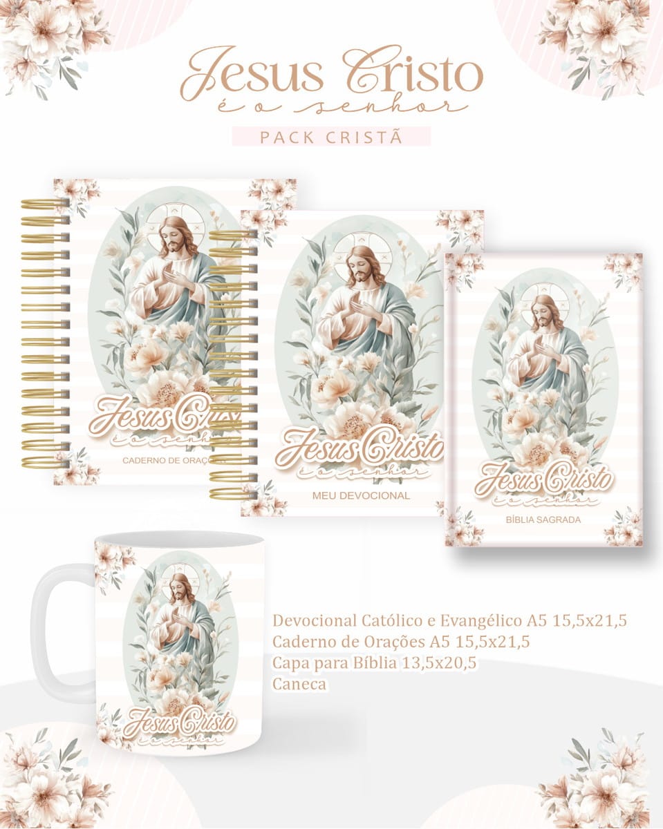 Pack Cristão Digital Jesus Cristo é o Senhor Completo 1 Arte digital com tema religioso cristão contendo cadernos, capa de bíblia e caneca.