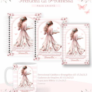 Apresentação visual de itens personalizados com estampa de mulher e flores em tons rosados.