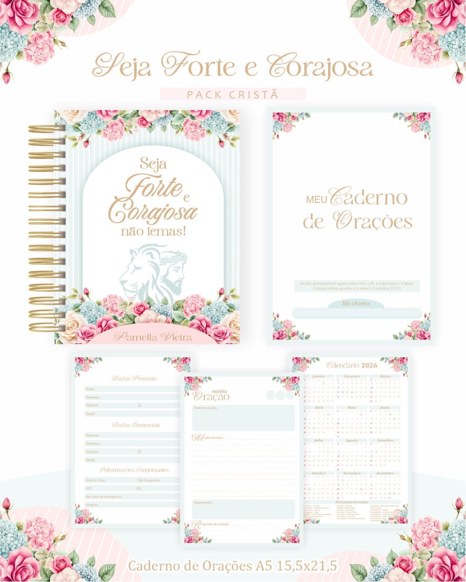 Pack Cristão Seja Forte e Corajosa para Artesanato 2 Caderno digital de orações com tema floral em tons de rosa e azul.