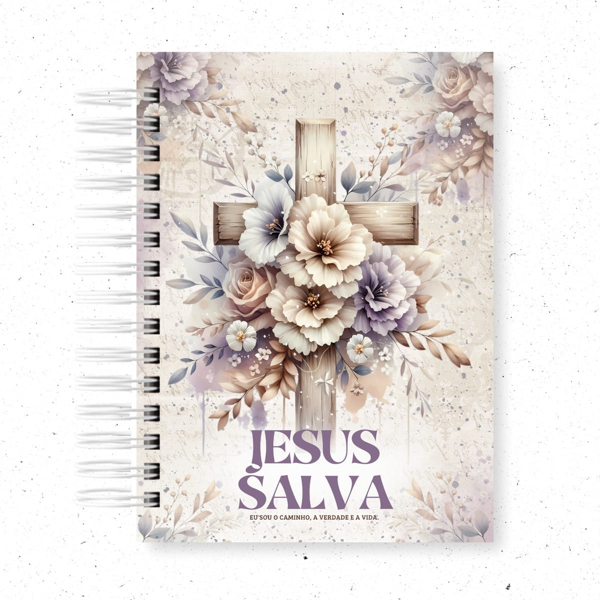 Pack de 10 Capas Religiosas Vintage em PNG 2 Caderno espiralado com ilustração de cruz de madeira decorada com flores em aquarela.