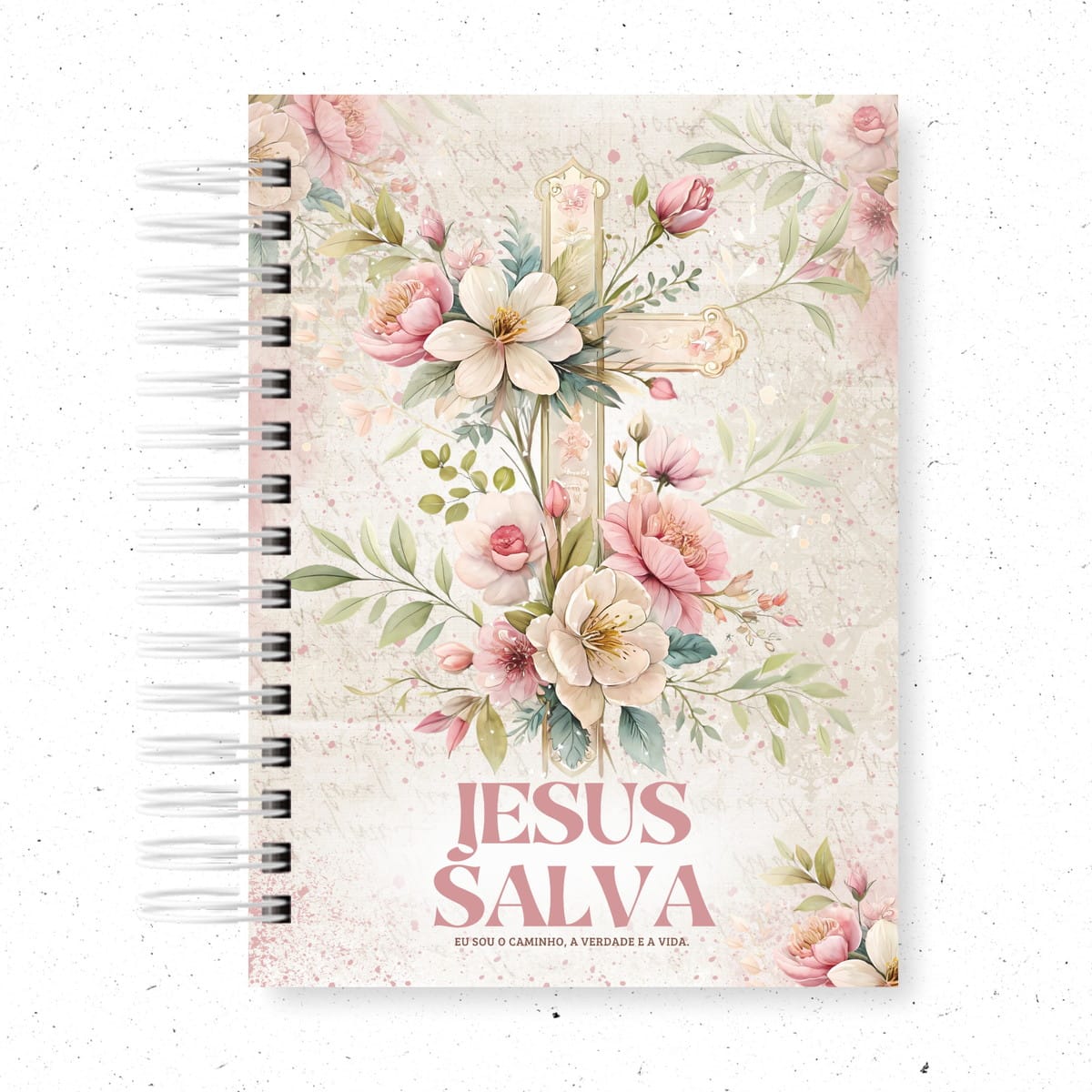 Pack de 10 Capas Religiosas Vintage em PNG 3 Capa de caderno com ilustração de cruz decorada com flores rosas e brancas