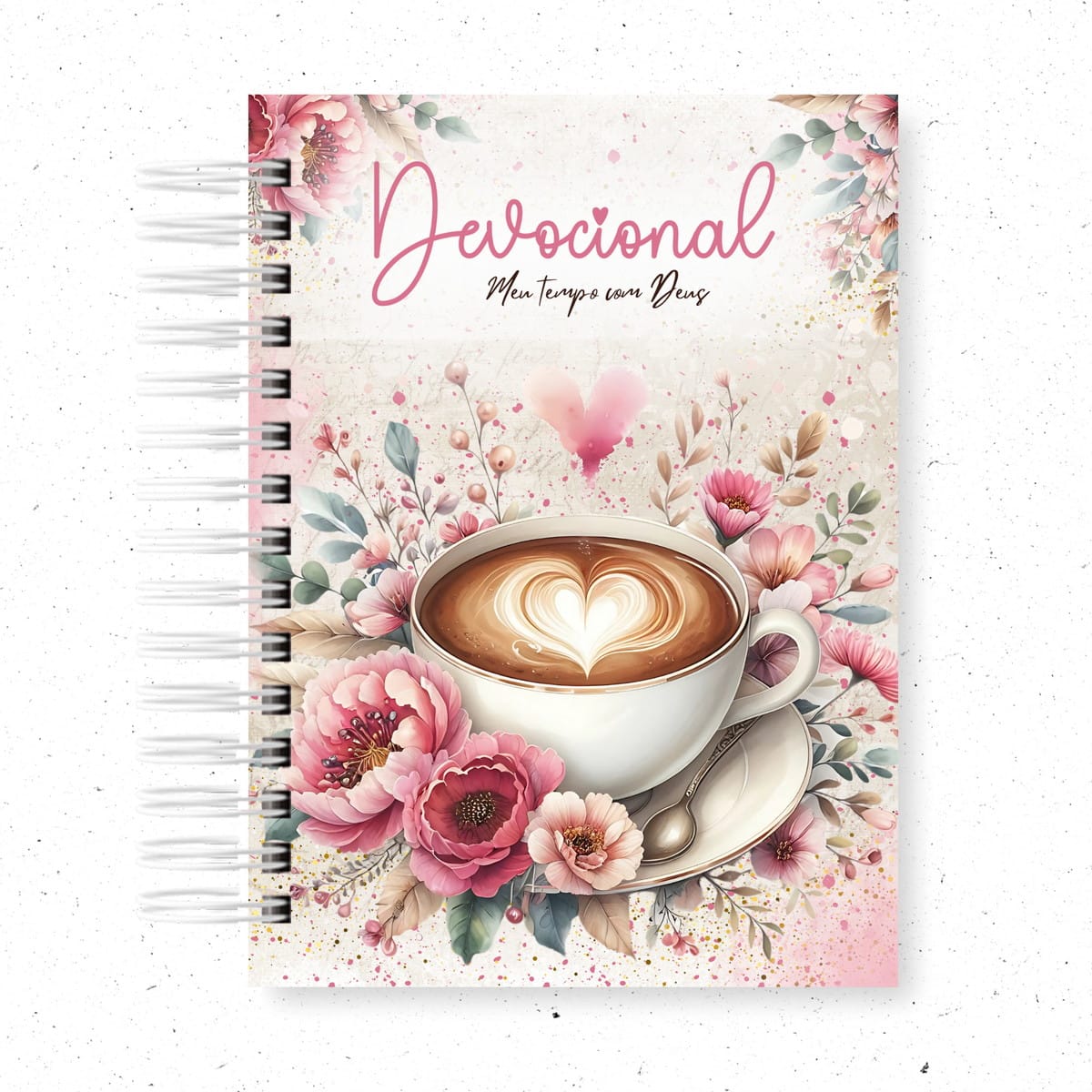 Pack de 10 Capas Religiosas Vintage em PNG 4 Capa de caderno espiral com xícara de café e flores rosas.