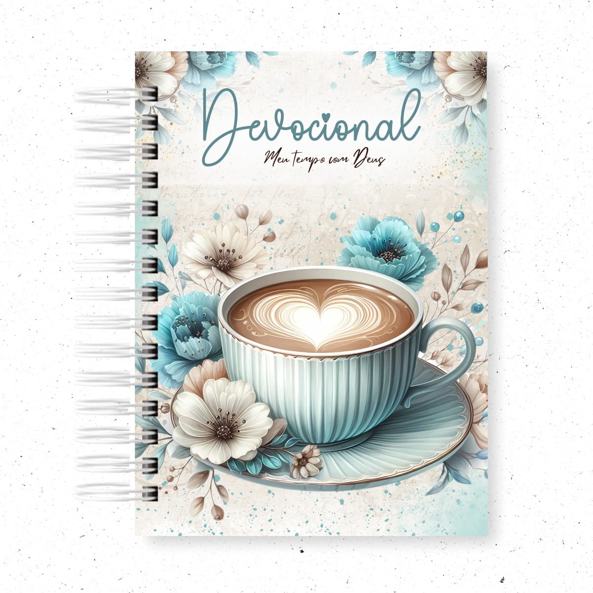 Pack de 10 Capas Religiosas Vintage em PNG 5 Caderno espiralado com ilustração de xícara de café e flores em tons pastéis.