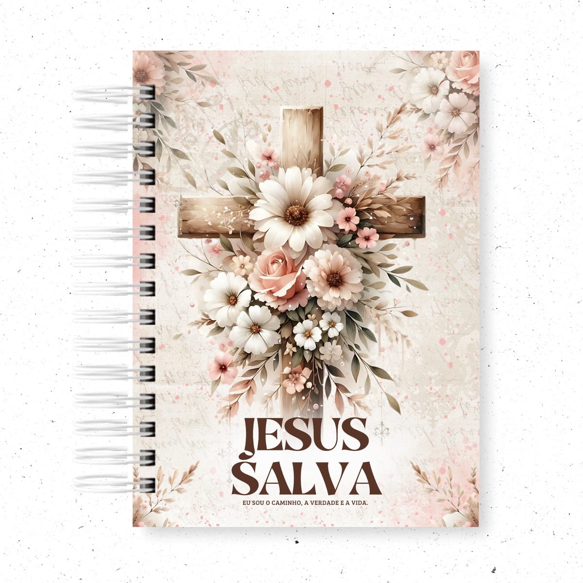 Pack de 10 Capas Religiosas Vintage em PNG 1 Capa de caderno com cruz de madeira, flores brancas e rosas, e texto religioso.