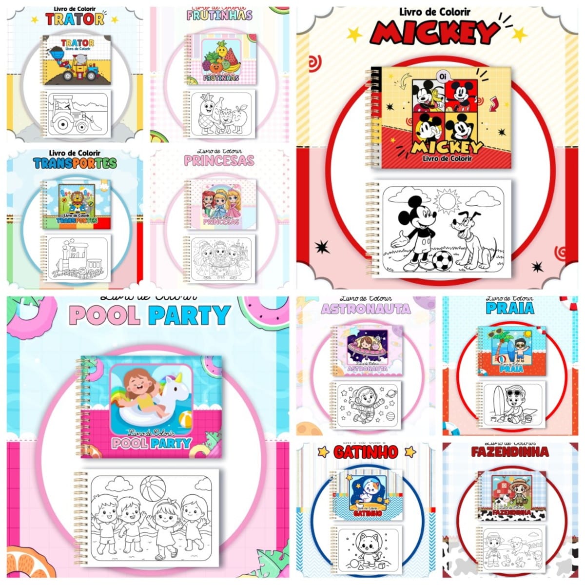 Pack de Colorir Infantil com 14 Temas para Imprimir e Vender 1 Coleção de capas coloridas e páginas para colorir de livros infantis.