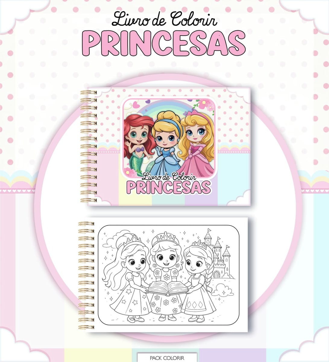 Pack de Colorir Infantil com 14 Temas para Imprimir e Vender 2 Capa e página interna de livro de colorir com tema de princesas