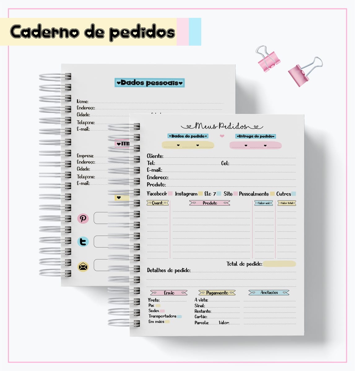 Pack Digital Caderno de Pedidos com Artes Fofas Editáveis 2 Caderno de pedidos aberto mostrando páginas internas com campos preenchidos para anotações