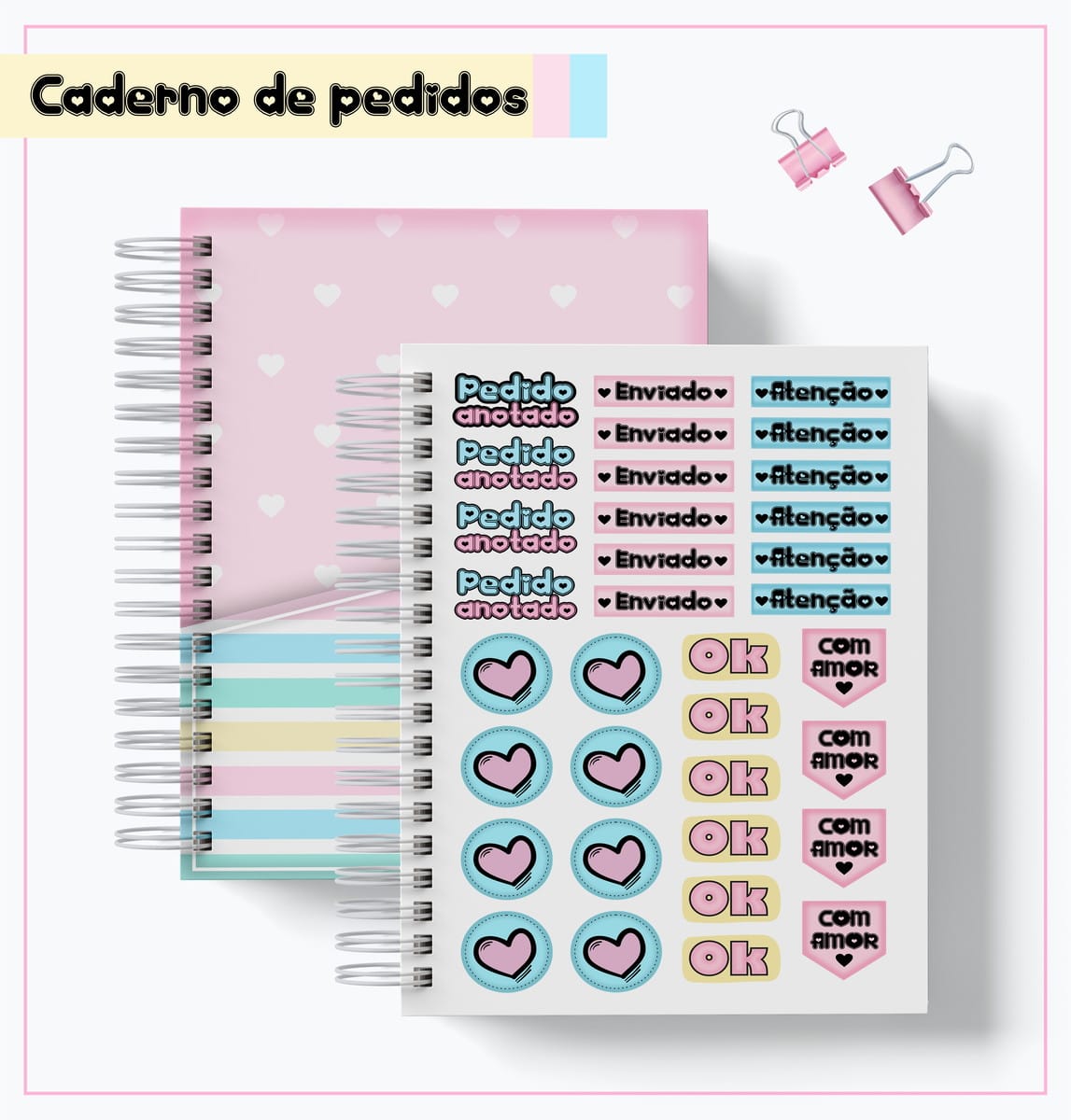 Pack Digital Caderno de Pedidos com Artes Fofas Editáveis 3 Dois cadernos espiralados com capas coloridas e cartela de adesivos estampados.
