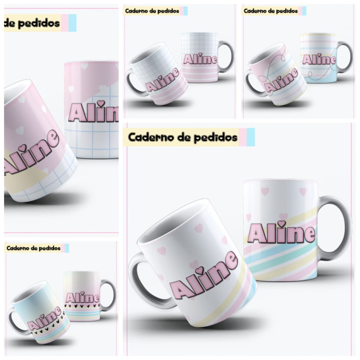 Pack Digital Caderno de Pedidos com Artes Fofas Editáveis 4 Apresentação em grade mostrando canecas brancas estampadas com designs personalizados coloridos.