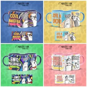 Pack Estampas Caneca Flork Profissões Meme Frases V5 2 Quatro conjuntos de canecas coloridas ilustradas com personagens e textos sobre profissões diferentes.
