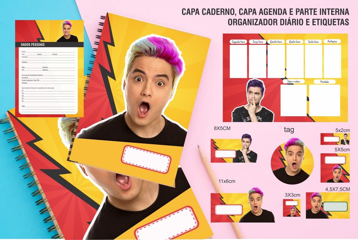 13 Kits de Encadernação Digital com Temas Infantis 2 Arte digital de capas, organizador diário e etiquetas com personagem expressivo.