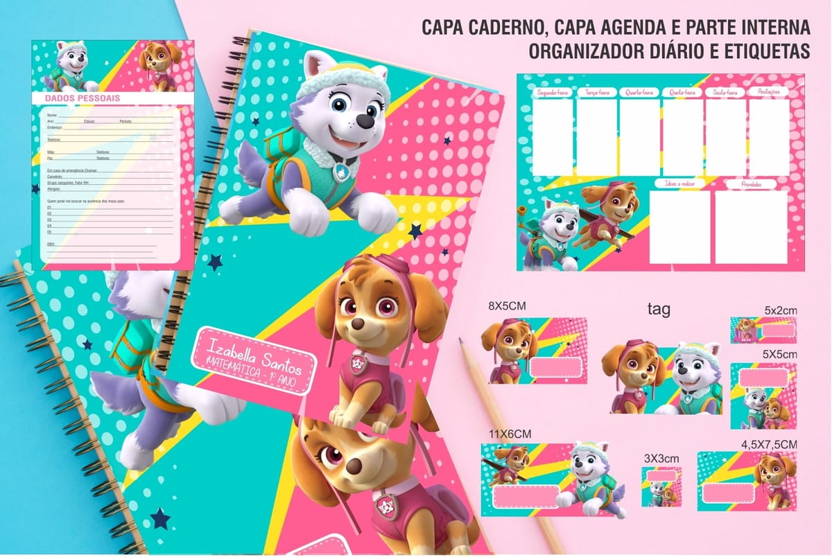 13 Kits de Encadernação Digital com Temas Infantis 3 Arte digital para capa de caderno, agenda e etiquetas com personagens de desenho animado de cachorro.