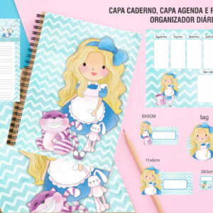 Arte digital para caderno e agenda com tema de personagem loira e coelho.