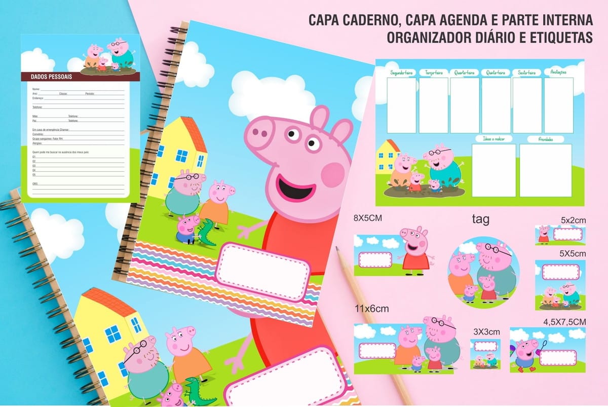 13 Kits de Encadernação Digital com Temas Infantis 4 Arte digital de capa de caderno, organizador diário e etiquetas com personagens infantis.