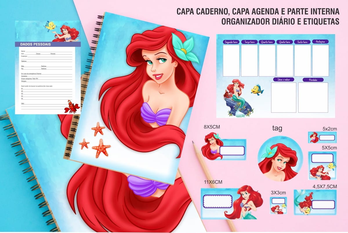 13 Kits de Encadernação Digital com Temas Infantis 5 Arte digital de papelaria com personagem de cabelo vermelho, peixe amarelo e caranguejo.