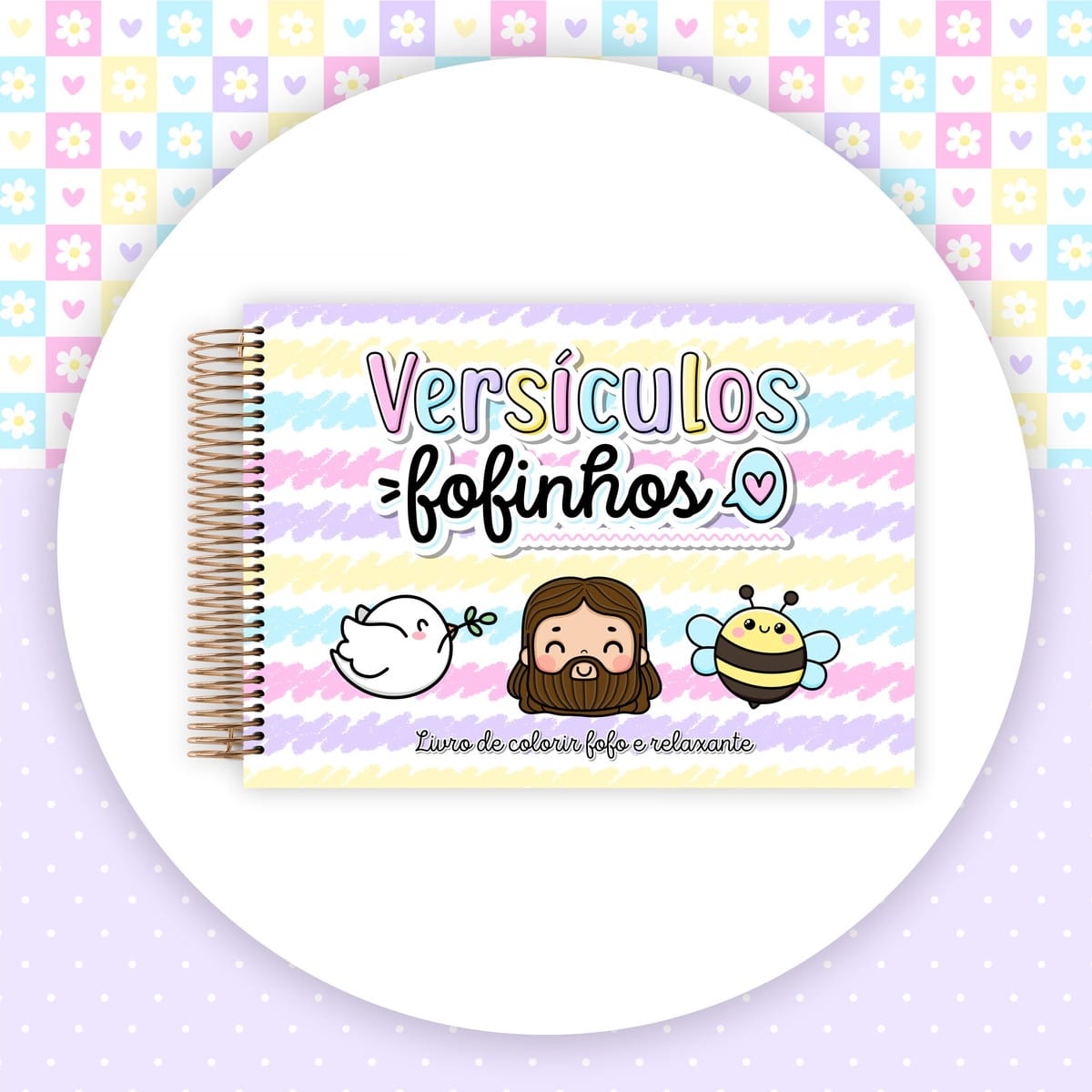 Pack Livro de Colorir Versículos Bíblicos para Sublimação 3 Capa de caderno colorida com ilustrações fofas de pomba, figura humana e abelha