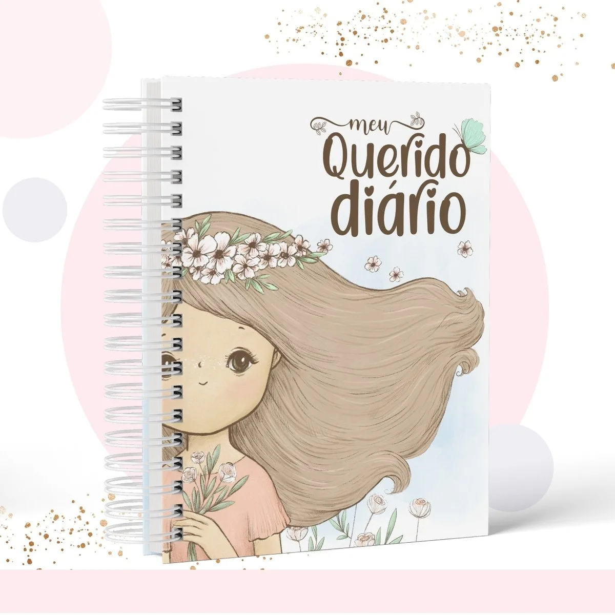 Pack Meu Querido Diário Menina 2 Caderno espiral ilustrado com uma menina de cabelos longos e flores na cabeça.