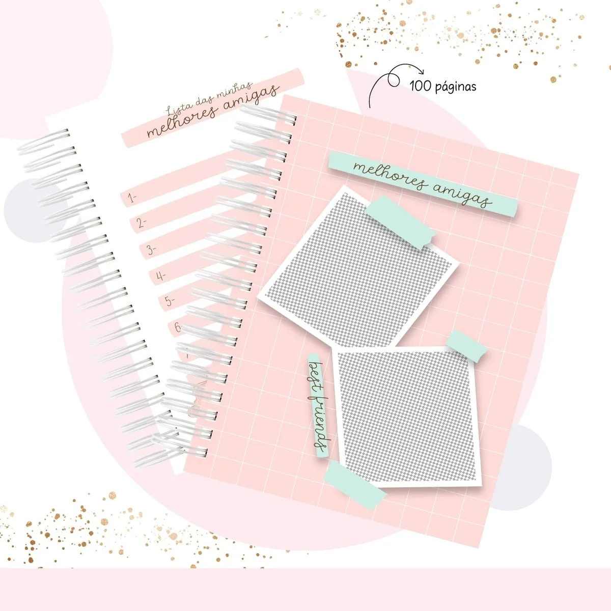 Pack Meu Querido Diário Menina 5 Caderno rosa com espiral e folhas quadriculadas contendo anotações e fotos.