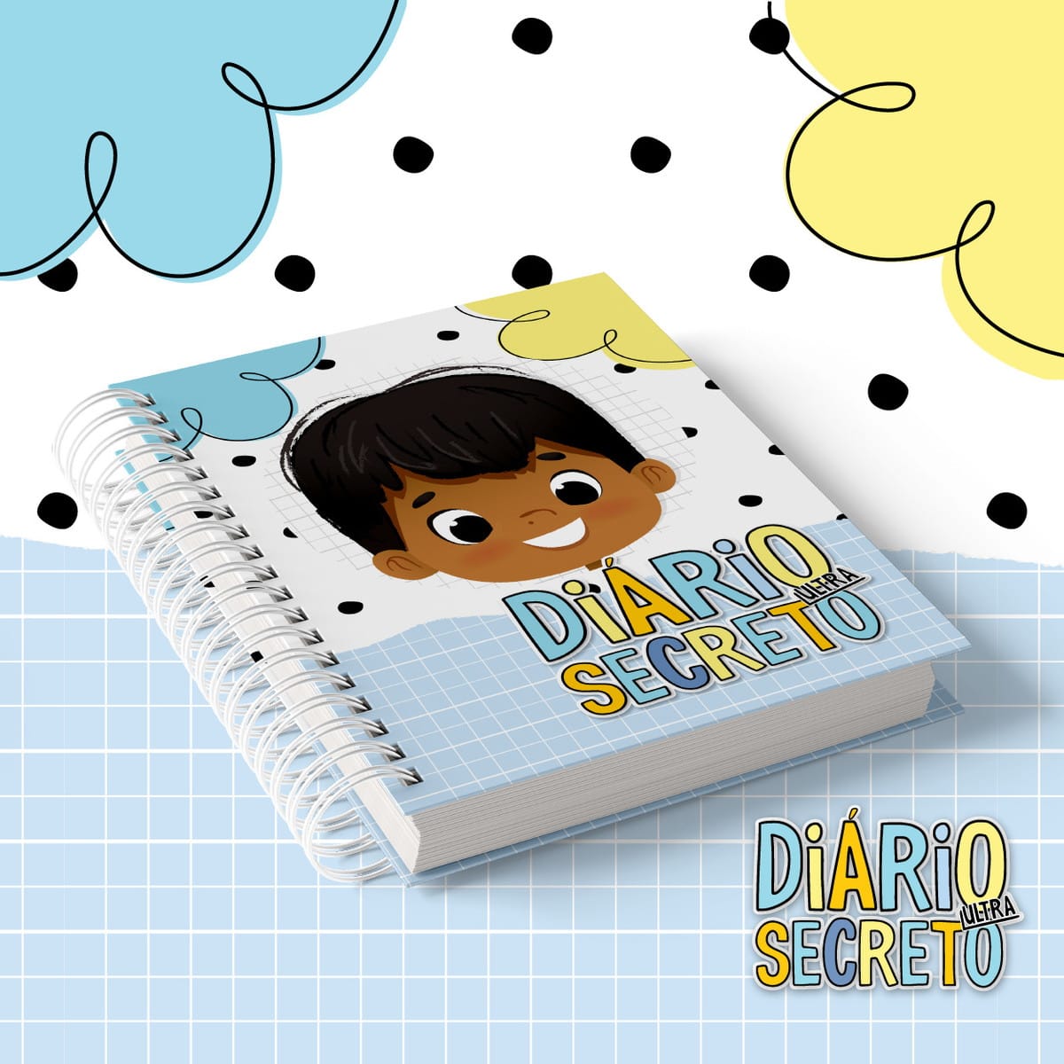 Kit Diário Infantil Personalizado Menina e Menino em PDF 3 Arte digital de capa de diário com menino sorrindo e título "Diário Secreto".