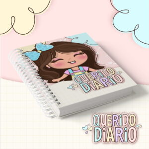Kit Diário Infantil Personalizado Menina e Menino em PDF 13 Arte digital de diário espiral com capa de menina sorrindo e laço azul.