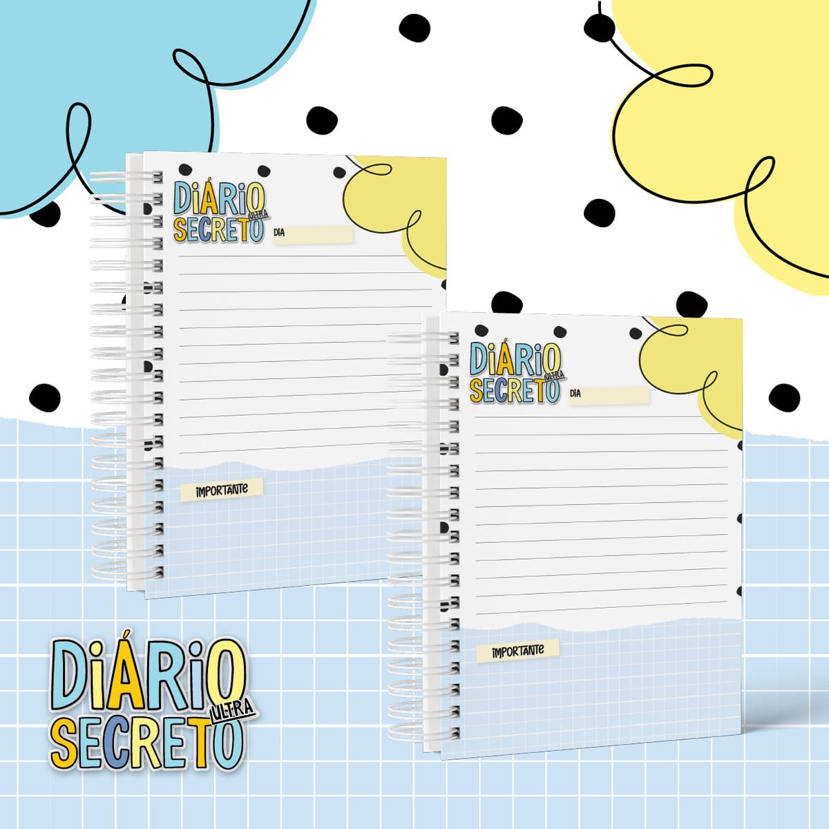 Kit Diário Infantil Personalizado Menina e Menino em PDF 4 Arte digital de dois diários secretos com design divertido, páginas pautadas e detalhes coloridos.