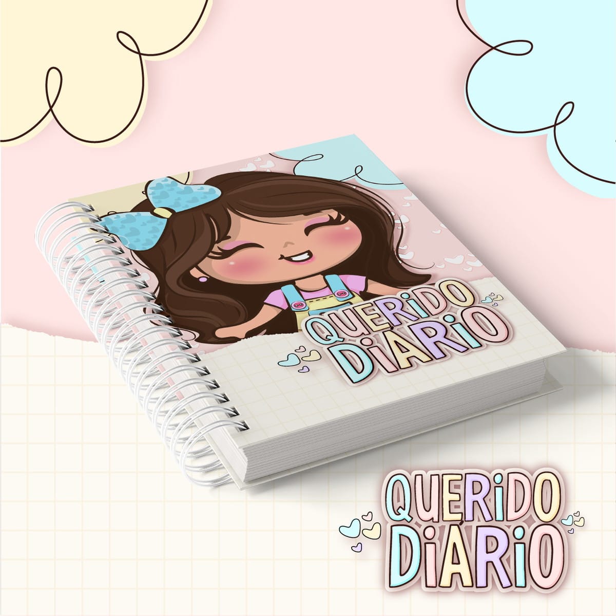 Kit Diário Infantil Personalizado Menina e Menino em PDF 1 Arte digital de diário espiral com capa de menina sorrindo e laço azul.