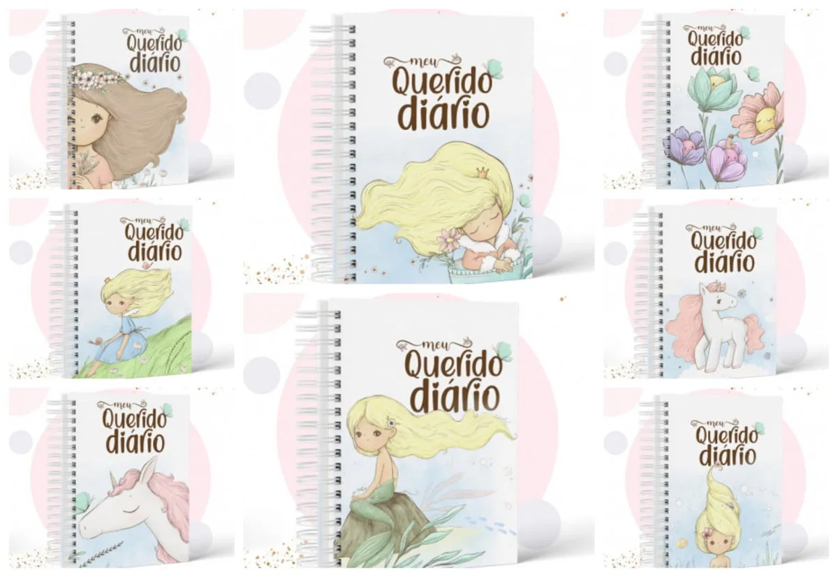 Pack Meu Querido Diário Menina 1 Coleção de capas de cadernos ilustradas com desenhos fofos e texto.