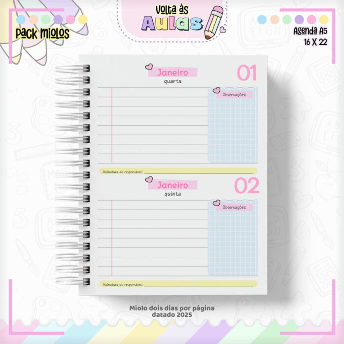 Pack Miolo Agendas Escolares A5 2025