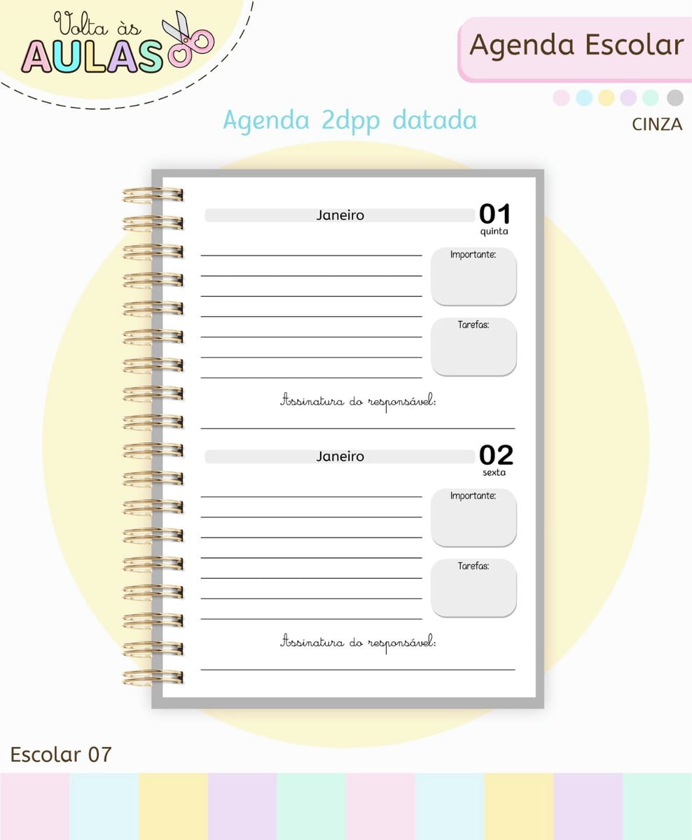 Miolo Agenda Escolar A5 2026 Pack 7 Cores Digital 5 Miolo Agenda Escolar A5 2026 Pack 7 Cores Digital - Imagem 5