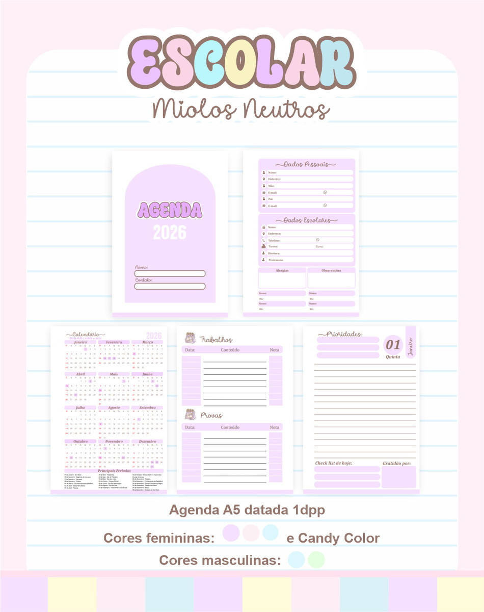 Pack Miolo Agenda Escolar 2026 Neutro para Sublimação 2 Pack Miolo Agenda Escolar 2026 Neutro para Sublimação - Imagem 2