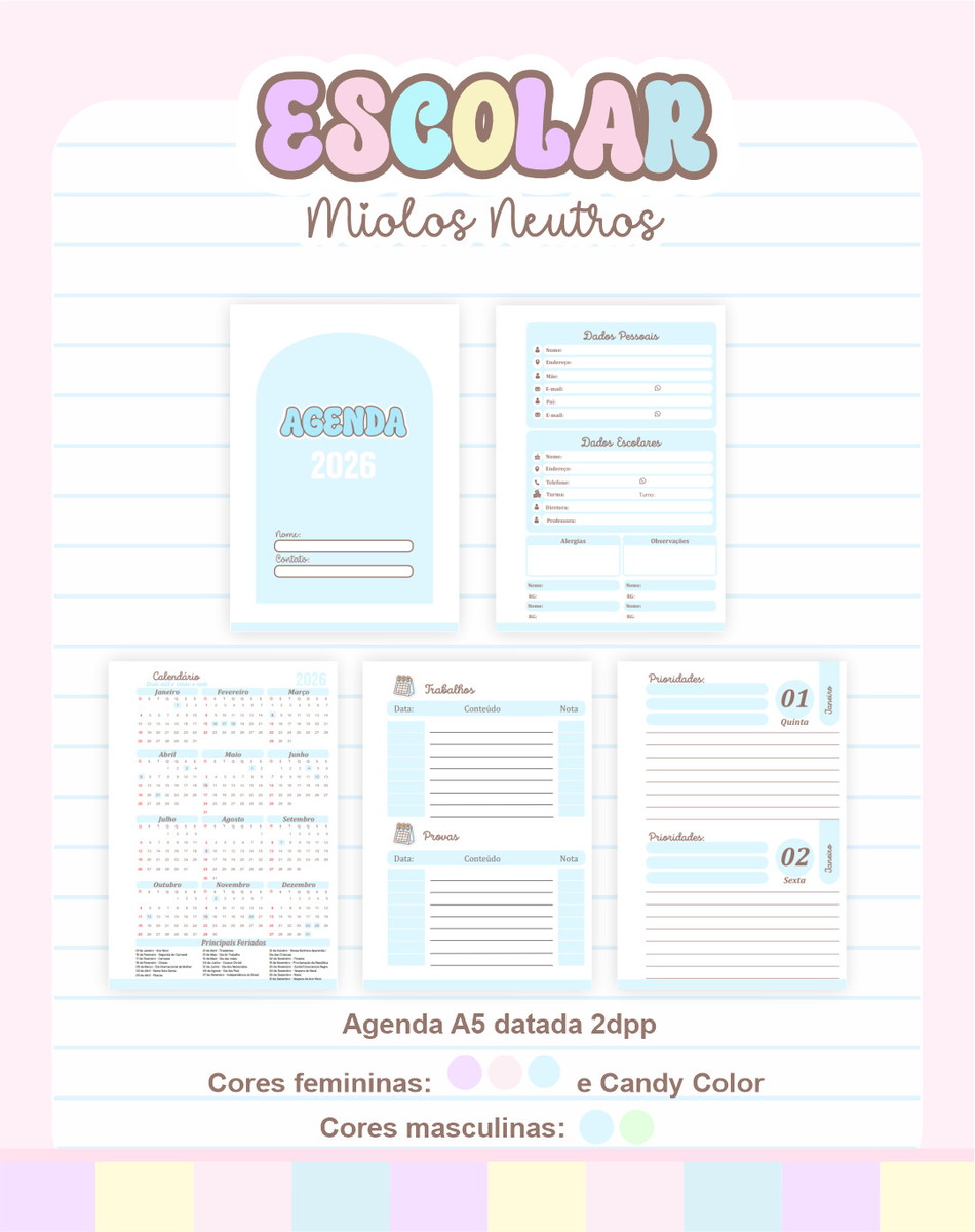 Pack Miolo Agenda Escolar 2026 Neutro para Sublimação 3 Pack Miolo Agenda Escolar 2026 Neutro para Sublimação - Imagem 3