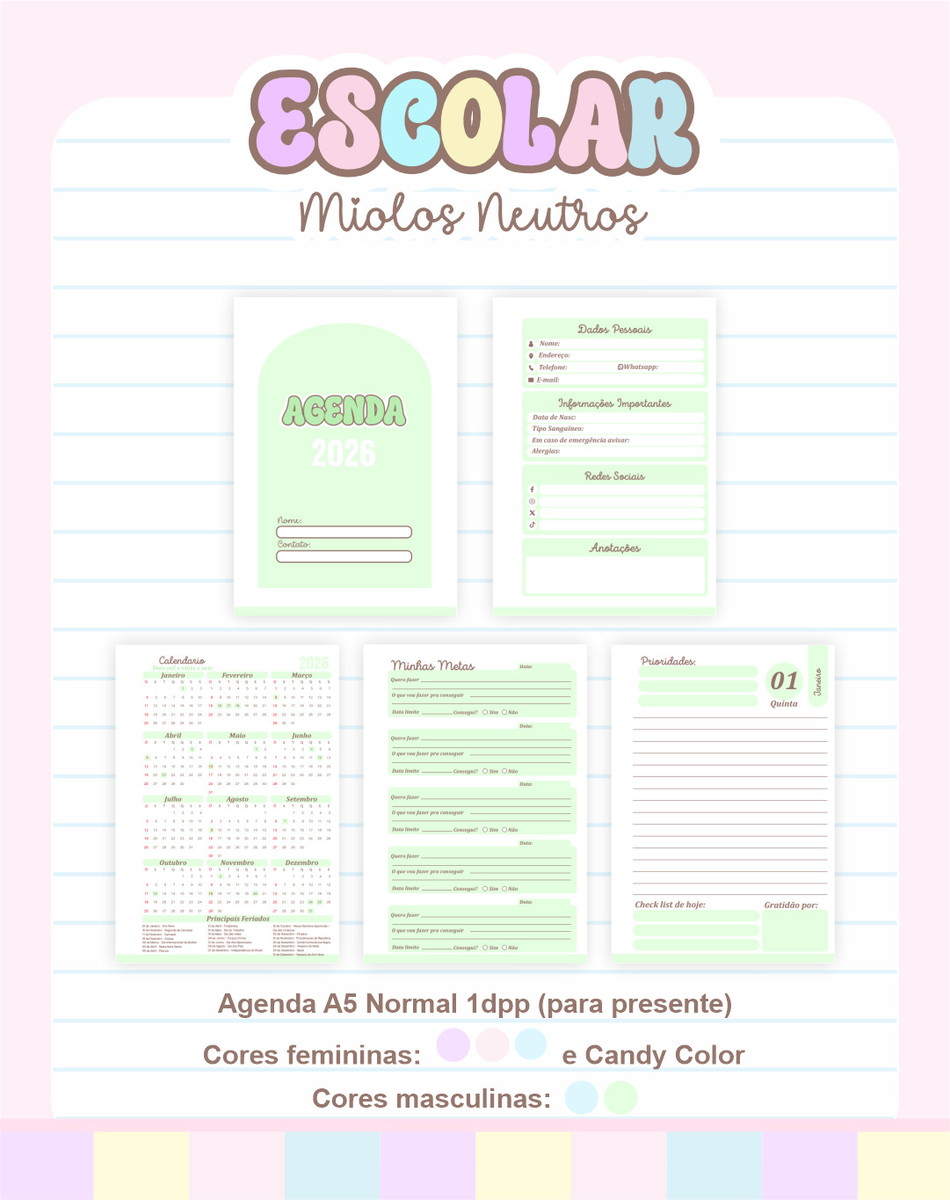 Pack Miolo Agenda Escolar 2026 Neutro para Sublimação 5 Pack Miolo Agenda Escolar 2026 Neutro para Sublimação - Imagem 5