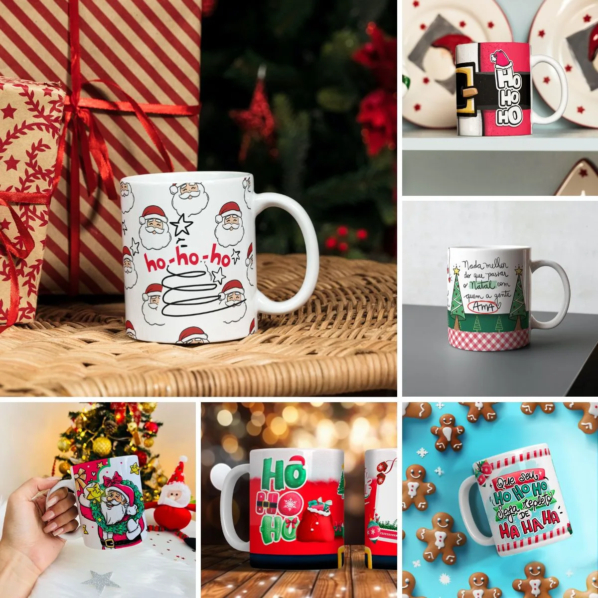 Pack Natal +140 Artes Caneca Frases Natalinas Papai Noel Png 1 Várias canecas brancas de cerâmica com estampas natalinas variadas exibidas em diferentes cenários.