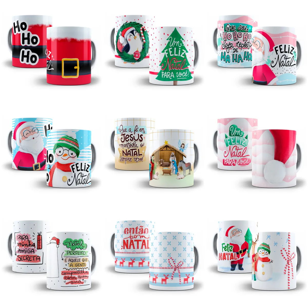 Pack Natal +140 Artes Caneca Frases Natalinas Papai Noel Png 7 Conjunto de nove canecas de cerâmica com variadas estampas comemorativas de Natal.