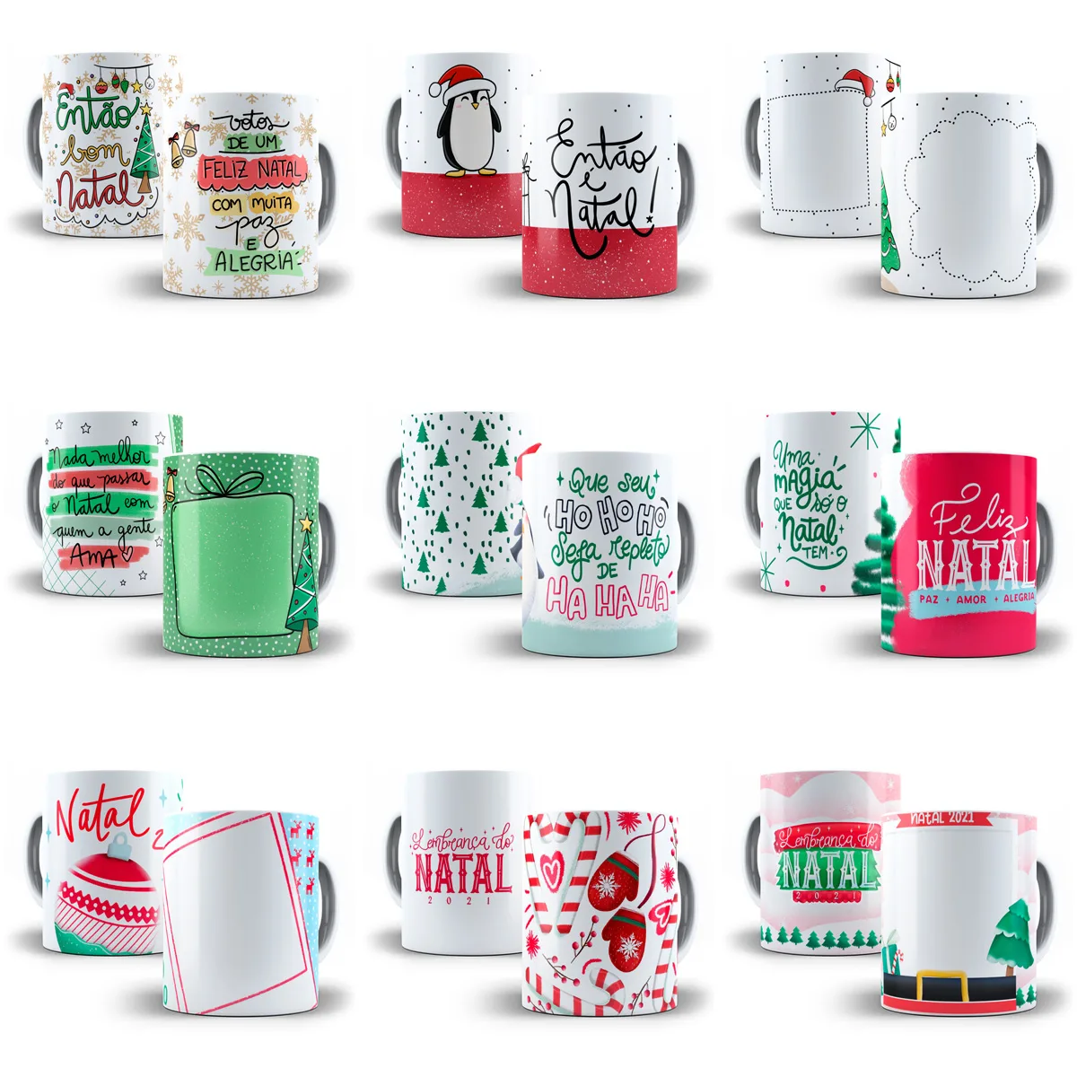 Pack Natal +140 Artes Caneca Frases Natalinas Papai Noel Png 9 Coleção de nove canecas de cerâmica com estampas decorativas temáticas de festas de final