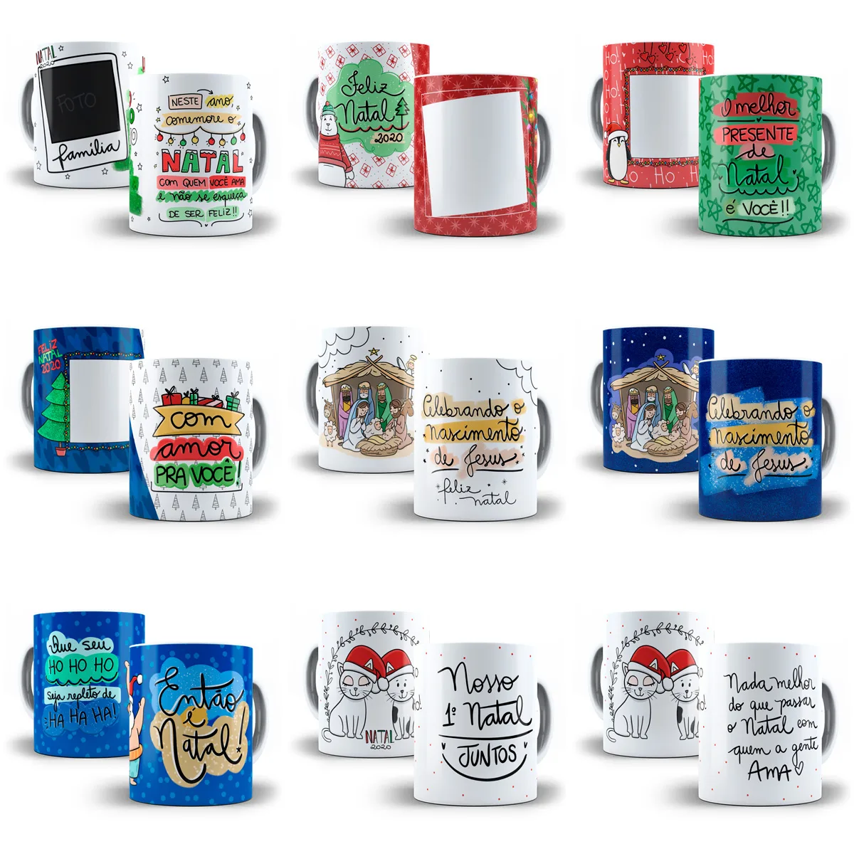 Pack Natal +140 Artes Caneca Frases Natalinas Papai Noel Png 10 Coleção de nove canecas de cerâmica brancas e coloridas com temas de Natal ilustrados.