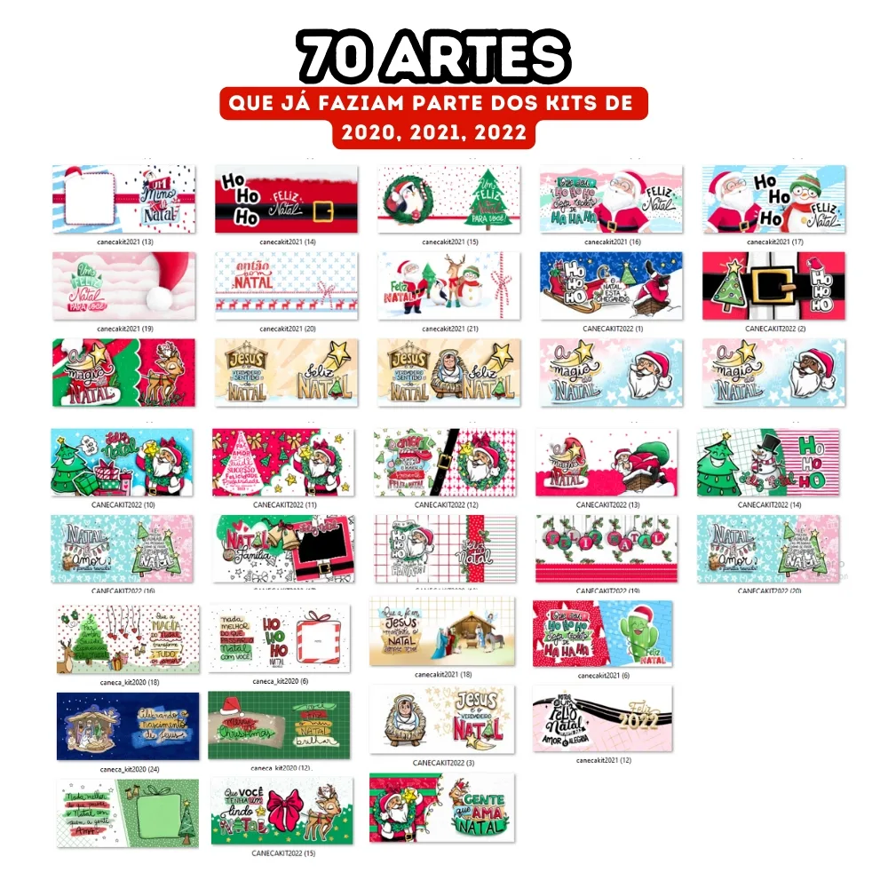 Pack Natal +140 Artes Caneca Frases Natalinas Papai Noel Png 5 Conjunto de artes digitais com diversos temas e ilustrações natalinas organizadas em uma grade.