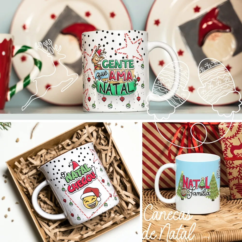Pack Natal +140 Artes Caneca Frases Natalinas Papai Noel Png 3 Várias canecas brancas com ilustrações temáticas de natal e textos festivos coloridos.