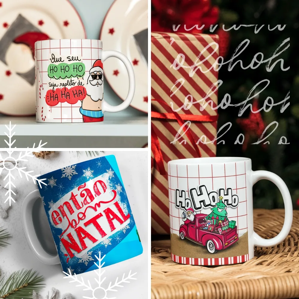 Pack Natal +140 Artes Caneca Frases Natalinas Papai Noel Png 2 Três canecas de cerâmica branca com artes temáticas de Natal em diferentes superfícies.