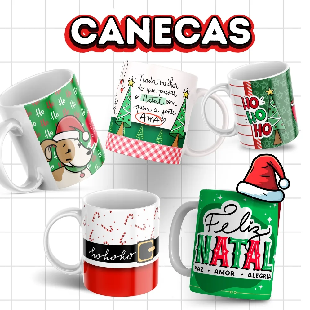 Pack Natal +140 Artes Caneca Frases Natalinas Papai Noel Png 4 Coleção de cinco canecas de cerâmica brancas com temas e estampas de Natal.